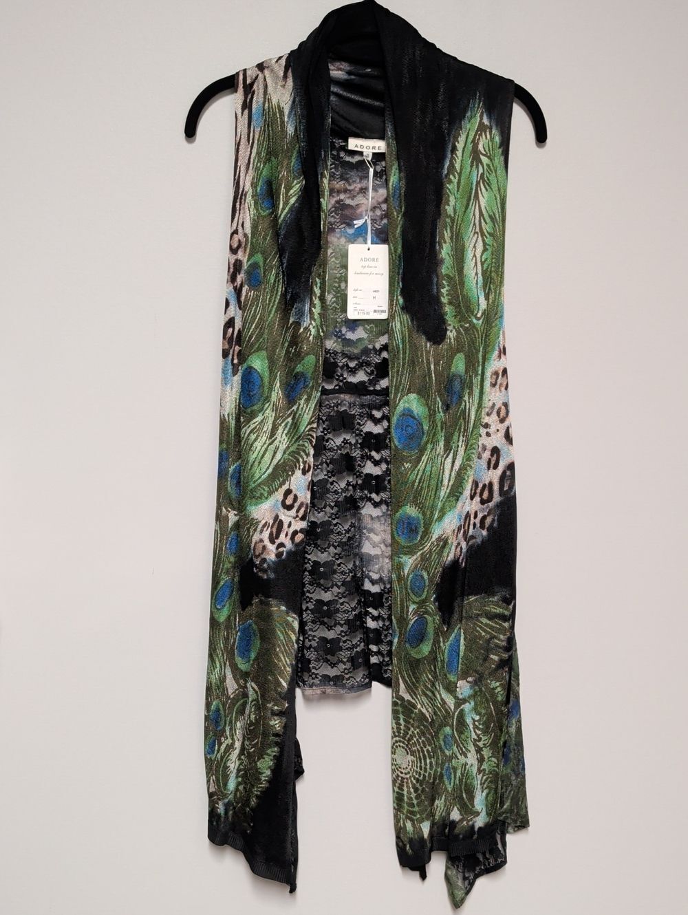 Adore Peacock Feather Lace Open Duster Vest - Green & Blue